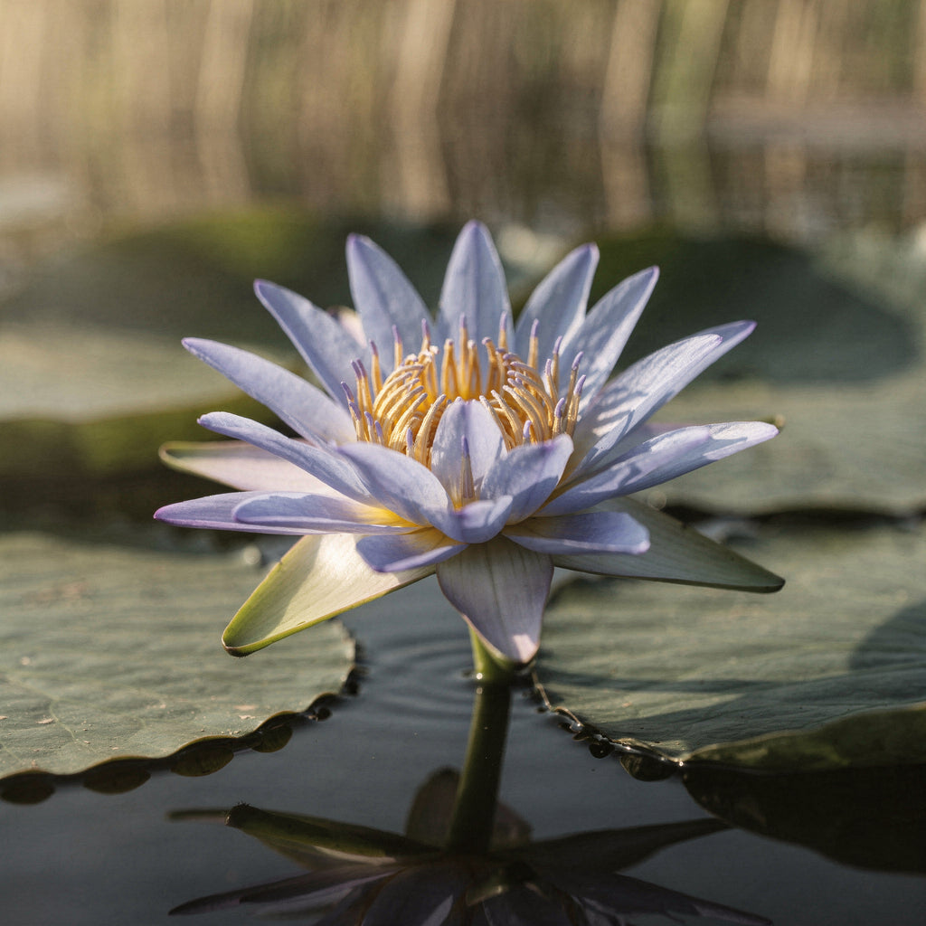 Blå lotus, Nymphaea caerulea, i blom på vattenytan