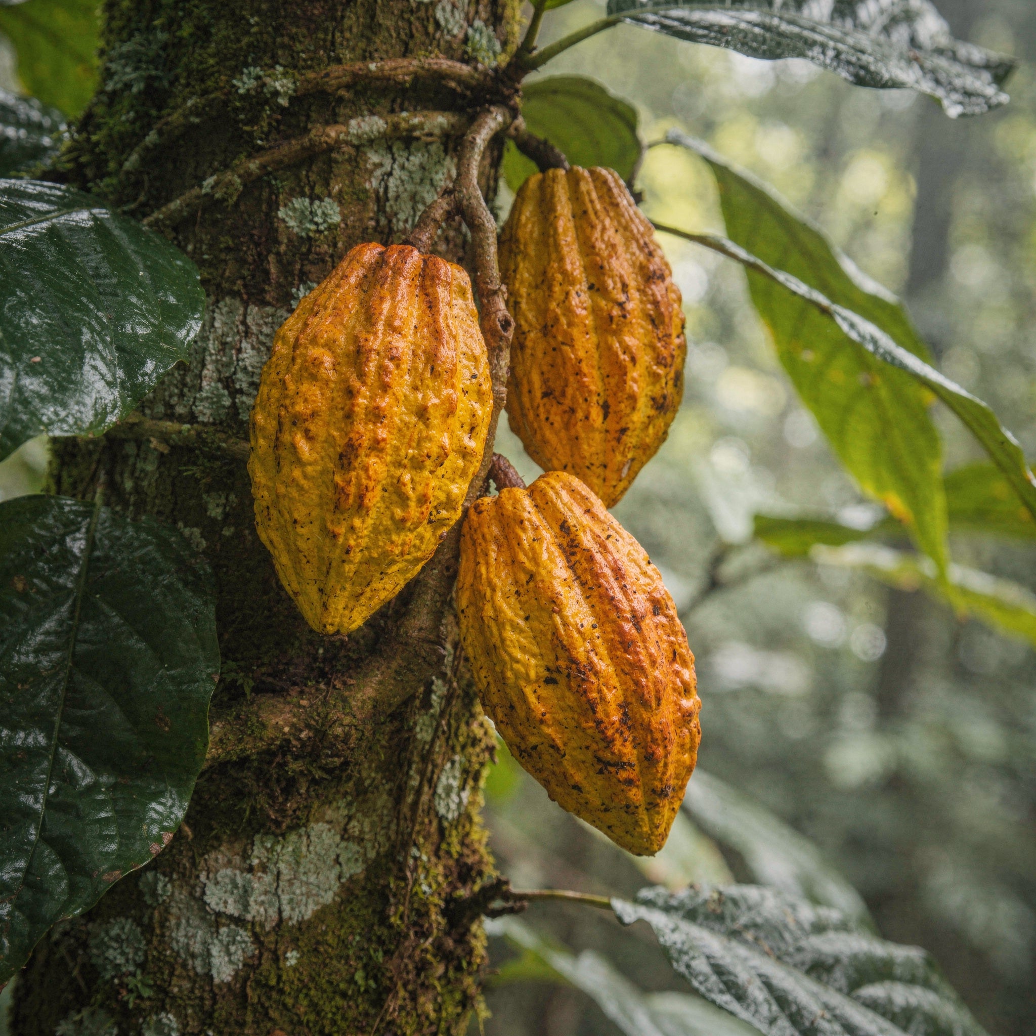 Kakaoträd, Theobroma cacao, med frukter växande direkt på stammen